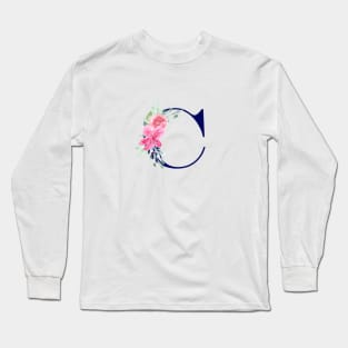 Watercolor Floral Letter C in Navy Long Sleeve T-Shirt